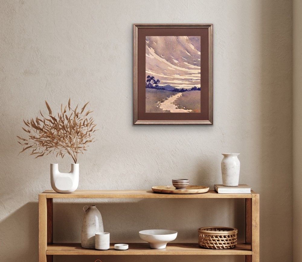 A framed 1932 Art Deco watercolour painting depicting a winding stream through a landscape in shades of muted purple and buff. View XIV