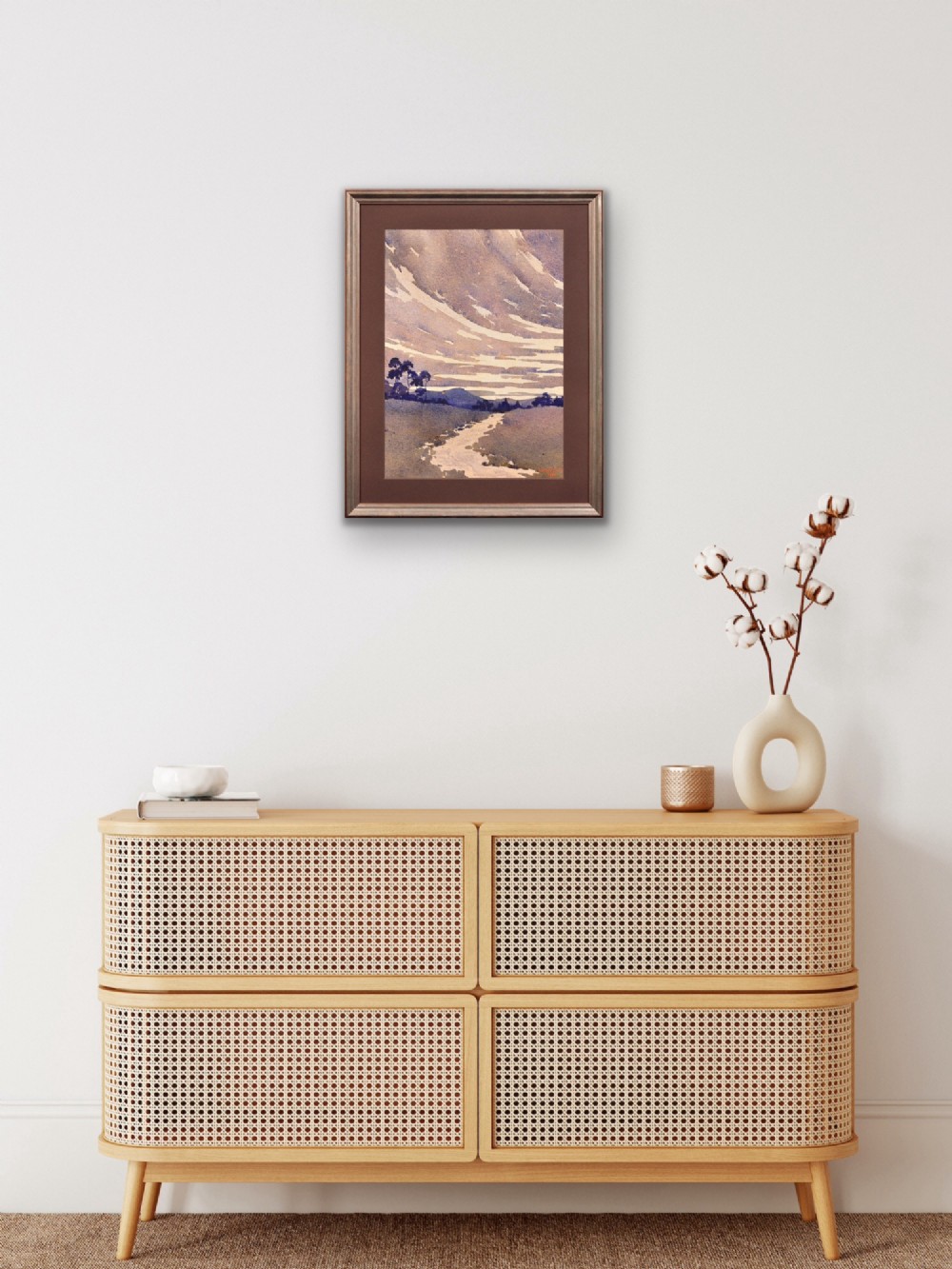 A framed 1932 Art Deco watercolour painting depicting a winding stream through a landscape in shades of muted purple and buff. View XV