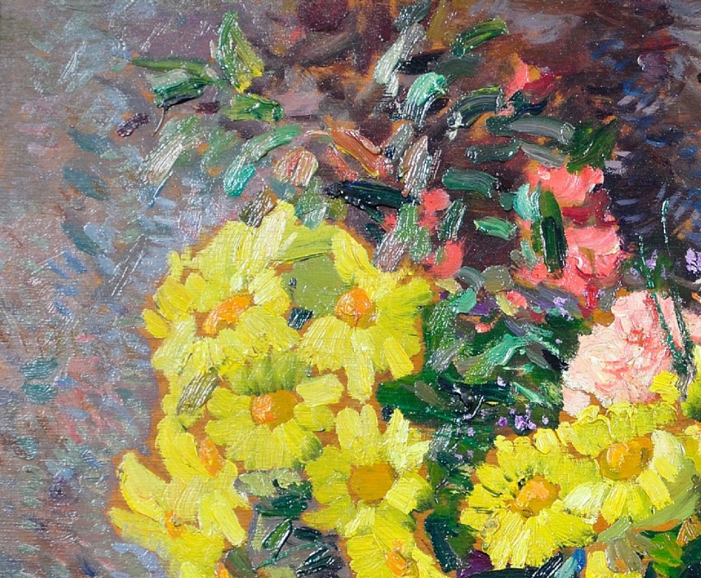 Framed French oil painting depicting a floral still life arrangement of yellow marigolds and red carnations in a dark pedestal vase. View VI