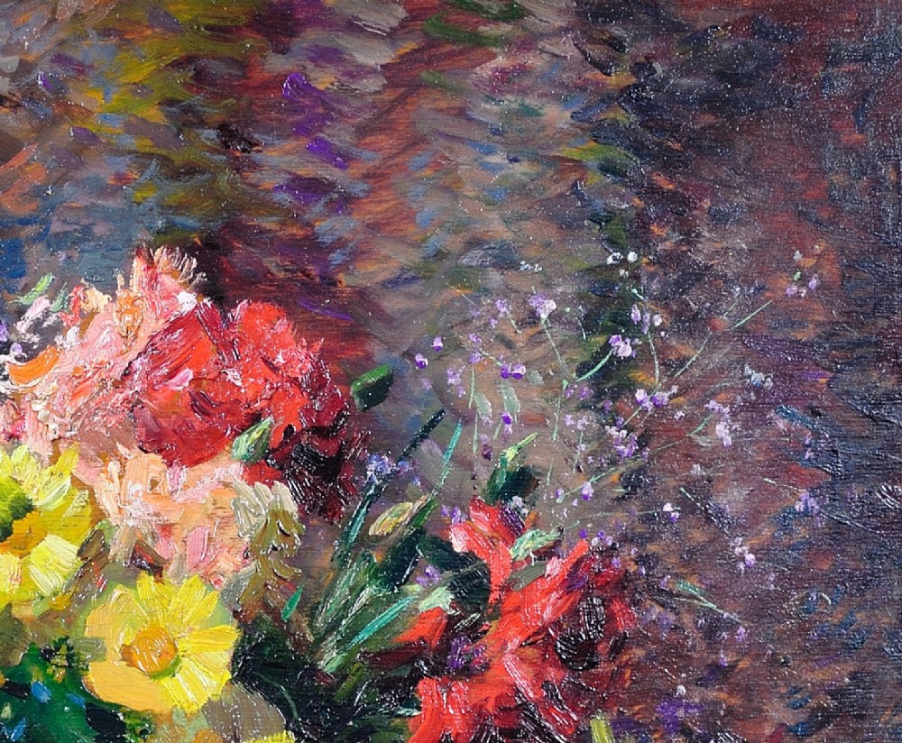 Framed French oil painting depicting a floral still life arrangement of yellow marigolds and red carnations in a dark pedestal vase. View VII