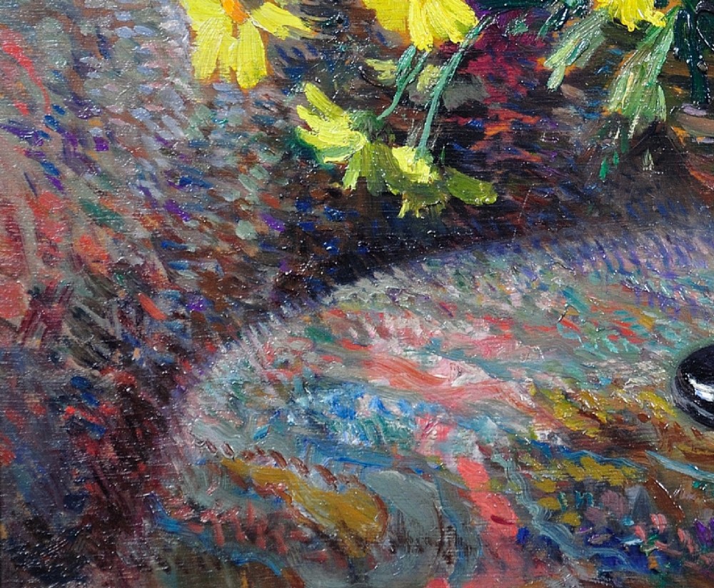 Framed French oil painting depicting a floral still life arrangement of yellow marigolds and red carnations in a dark pedestal vase. View VIII