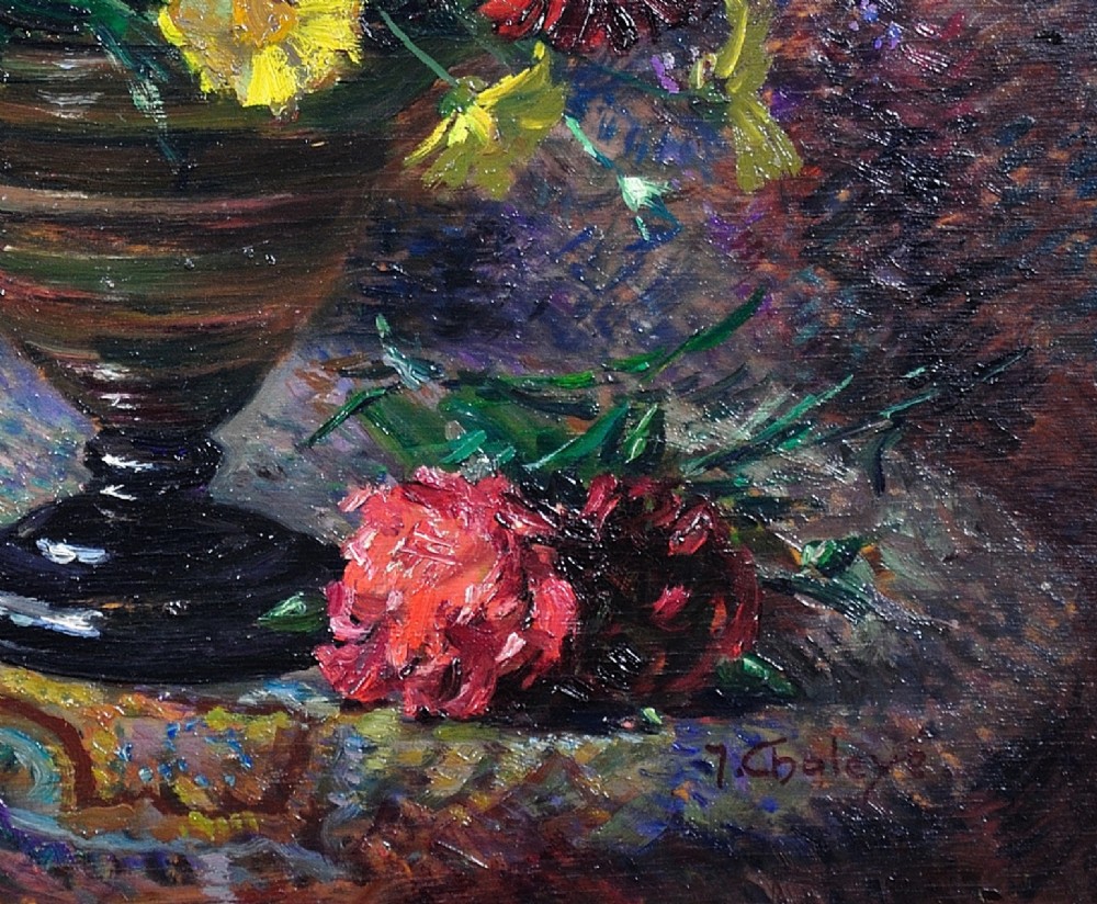 Framed French oil painting depicting a floral still life arrangement of yellow marigolds and red carnations in a dark pedestal vase. View IX