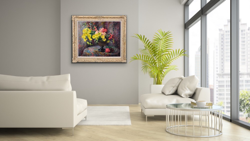 Framed French oil painting depicting a floral still life arrangement of yellow marigolds and red carnations in a dark pedestal vase. View X