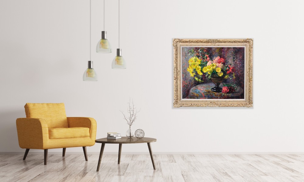 Framed French oil painting depicting a floral still life arrangement of yellow marigolds and red carnations in a dark pedestal vase. View XI