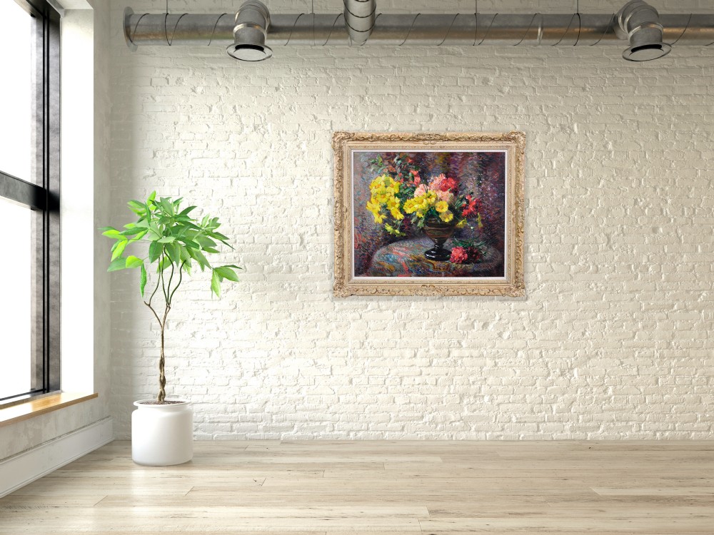Framed French oil painting depicting a floral still life arrangement of yellow marigolds and red carnations in a dark pedestal vase. View XII