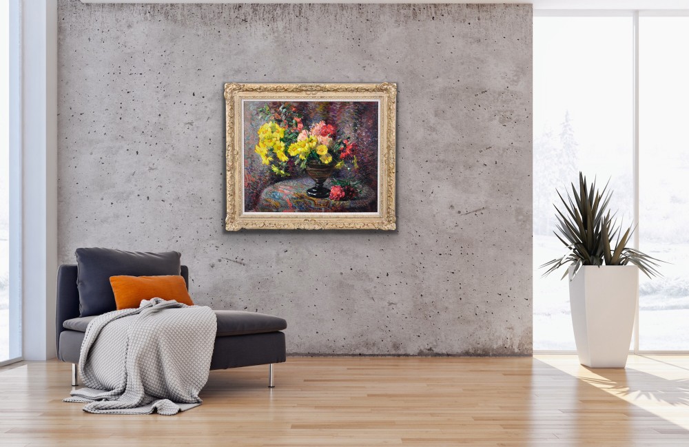 Framed French oil painting depicting a floral still life arrangement of yellow marigolds and red carnations in a dark pedestal vase. View XIII