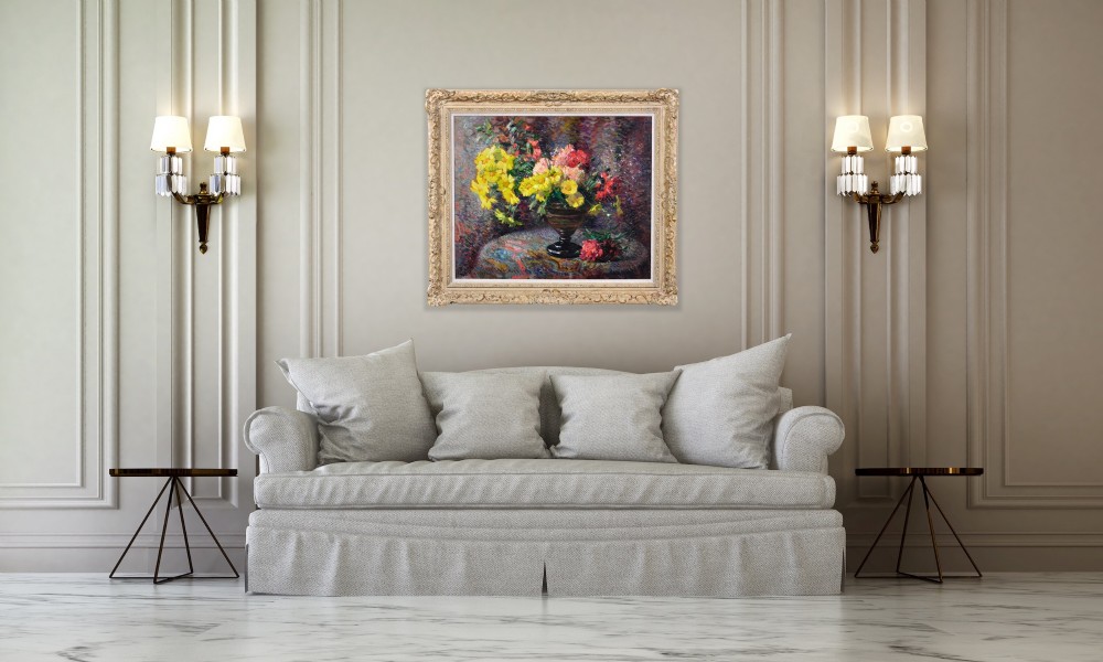 Framed French oil painting depicting a floral still life arrangement of yellow marigolds and red carnations in a dark pedestal vase. View XIV