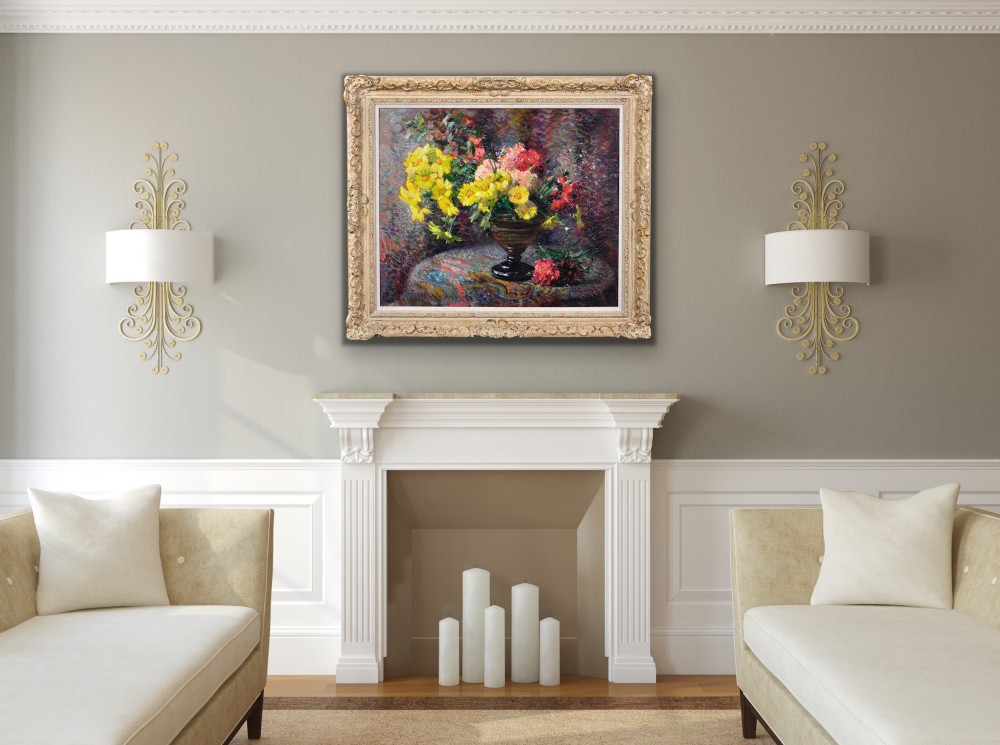 Framed French oil painting depicting a floral still life arrangement of yellow marigolds and red carnations in a dark pedestal vase. View XV
