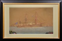 FRENCH NAVY IRONCLAD BATTLESHIP A LA MMOIRE DE COURBET CIRCA 1910 GOUACHE WATERCOLOUR ON PAPER FRAMED