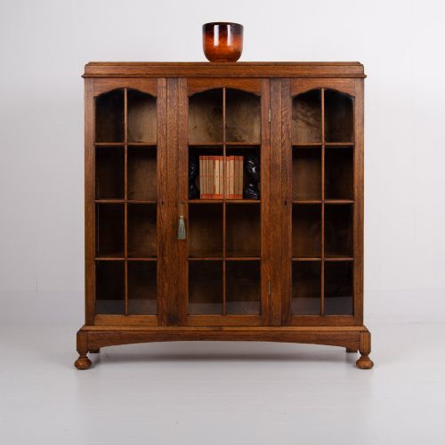 ANTIQUE ENGLISH OAK GLAZED BOOKCASE CABINET C1920 - ADDITIONAL PHOTO 1