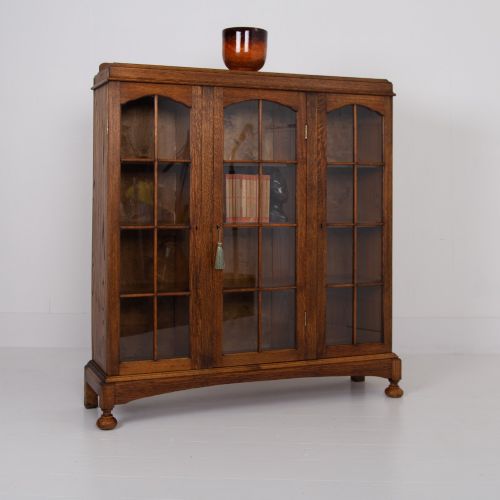 ANTIQUE ENGLISH OAK GLAZED BOOKCASE CABINET C1920 - ADDITIONAL PHOTO 2