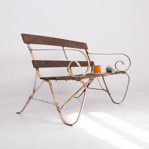 edwardian wrought iron and slatted wood garden seat - CATEGORY: ANTIQUE  - DATED 1910