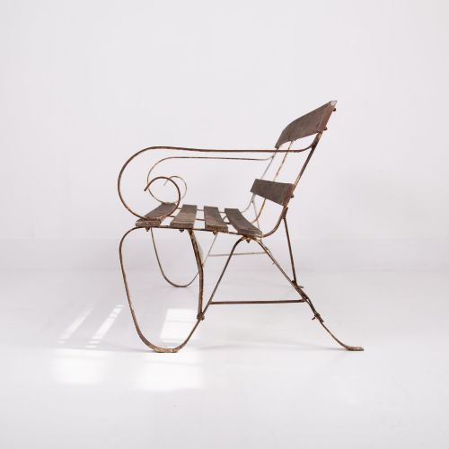 EDWARDIAN WROUGHT IRON AND SLATTED WOOD GARDEN SEAT - ADDITIONAL PHOTO 1