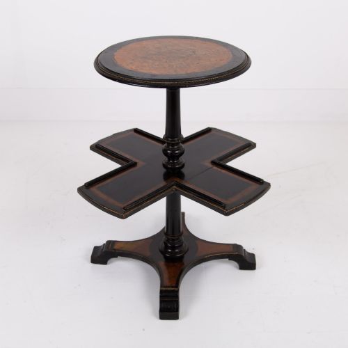 VICTORIAN ANTIQUE EBONISED AMBOYNA SIDE TABLE C1870