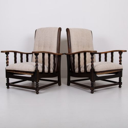 PAIR OF RECLINING OAK ARMCHAIRS NEW UPHOLSTERY