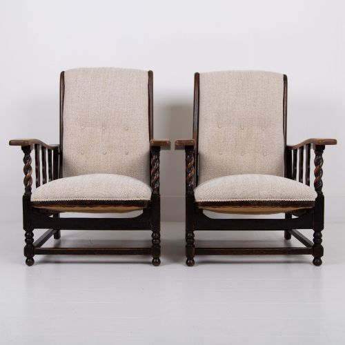 PAIR OF RECLINING OAK ARMCHAIRS NEW UPHOLSTERY - ADDITIONAL PHOTO 2