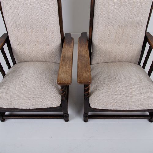 PAIR OF RECLINING OAK ARMCHAIRS NEW UPHOLSTERY - ADDITIONAL PHOTO 3