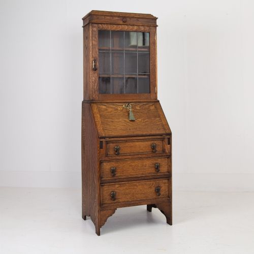 DELIGHTFUL SMALL GLAZED OAK BOOKCASE BUREAU WITH DRAWERS C1920
