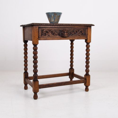 VICTORIAN BOBBIN LEGGED OAK GREENMAN SINGLE DRAWER SIDE TABLE C1900