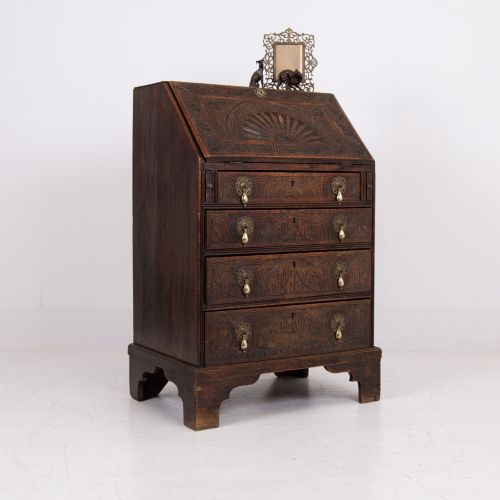fig 1. Highly Decorative Victorian 4 Drawer Oak Bureau 1890