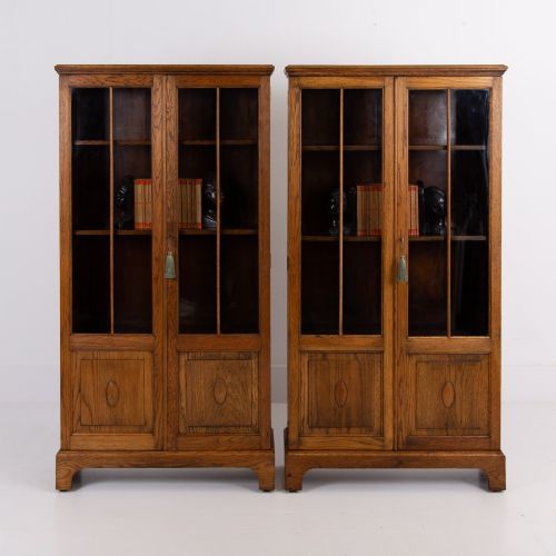 Pair Solid English Oak Glazed Bookcase Cabinets C1930