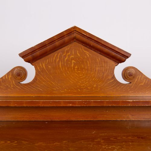 fig 1. A Victorian scumble-painted pine kitchen dresser with three drawers, a cupboard door, turned knobs, and a galleried splashback shelf.