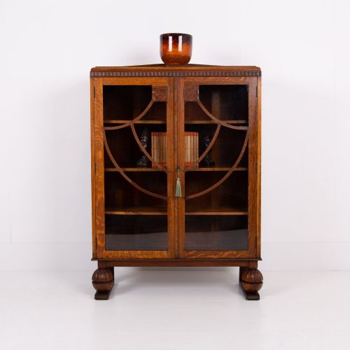 Oak Art Deco Glazed Bookcase Cabinet 1930s