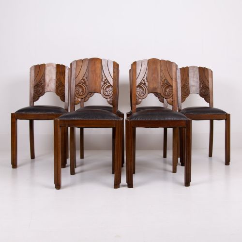 Set of 6 Art Deco Leather Seated Walnut Dining Chairs C1930