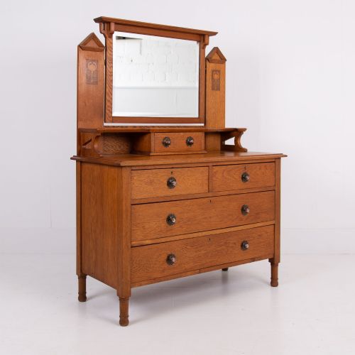 Oak Antique Arts and Crafts Dressing Chest with Mirror 1910