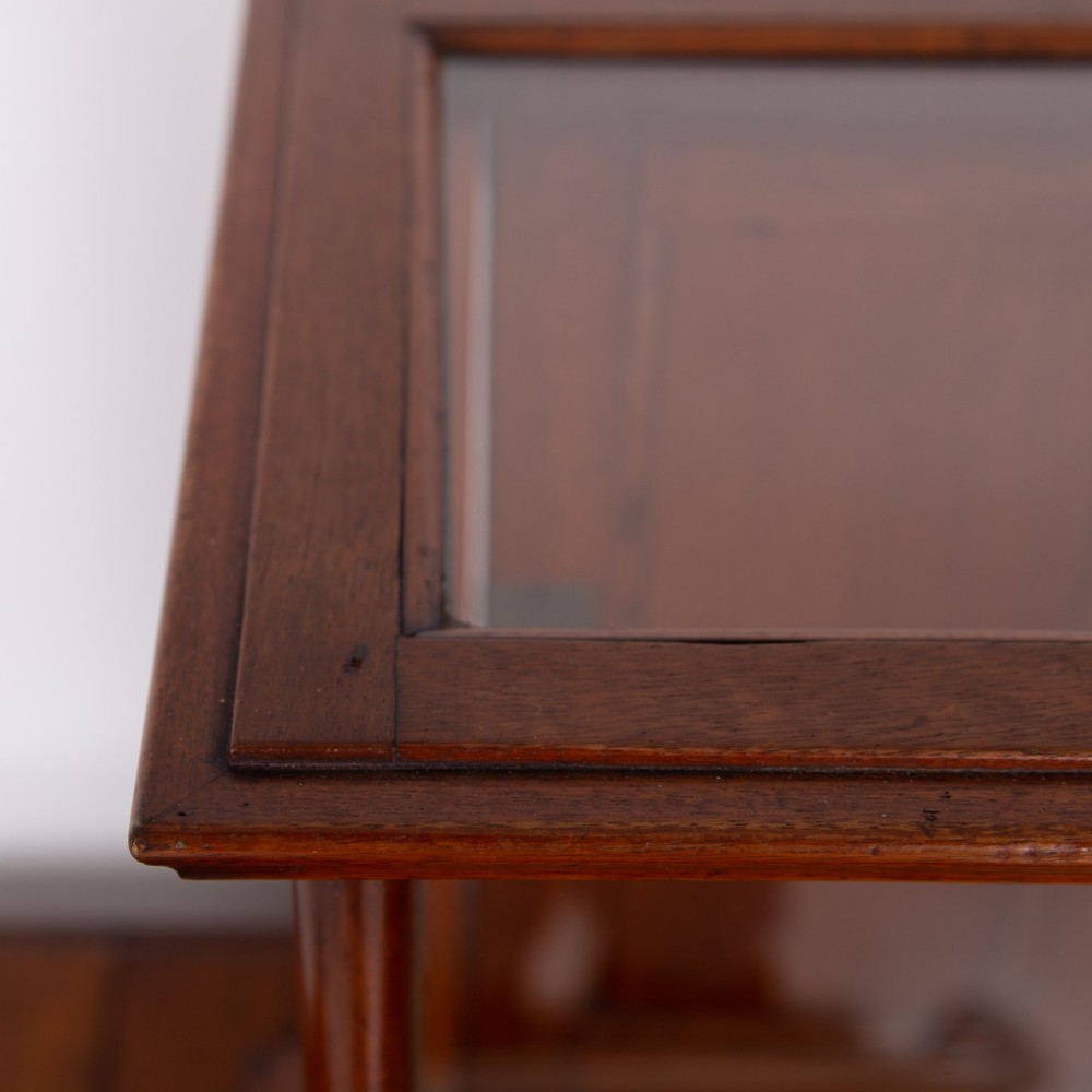 A vertical glazed tabletop display cabinet crafted from warm brown mahogany with glass side panels, turned columns, and a green felt-lined base. View VI