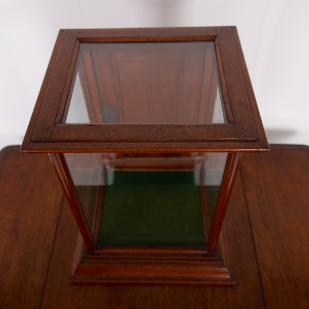 A vertical glazed tabletop display cabinet crafted from warm brown mahogany with glass side panels, turned columns, and a green felt-lined base. View VII