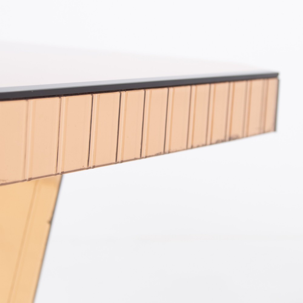 A pair of 1930s Art Deco side tables featuring peach-tinted mirrored tops, inverted pyramidal pedestal bases, and stepped square foundations. View IV