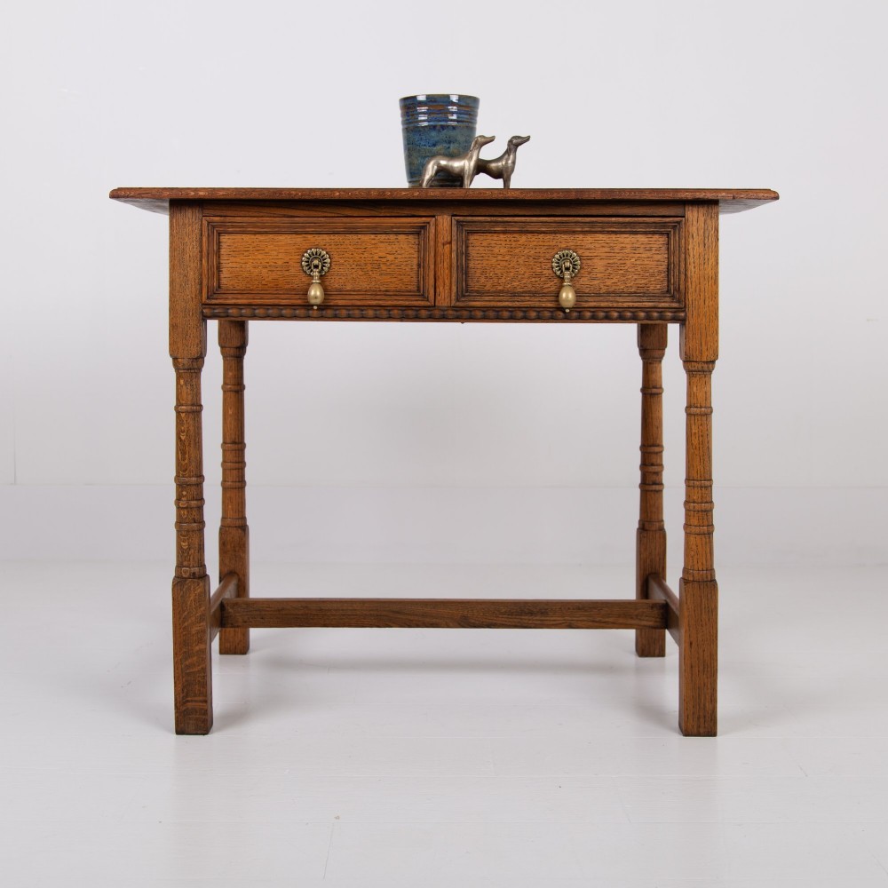 English Arts and Crafts Oak 2 Drawer Side Table C1920 View II