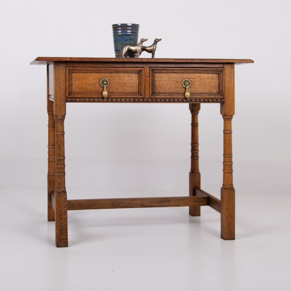 English Arts and Crafts Oak 2 Drawer Side Table C1920 View III
