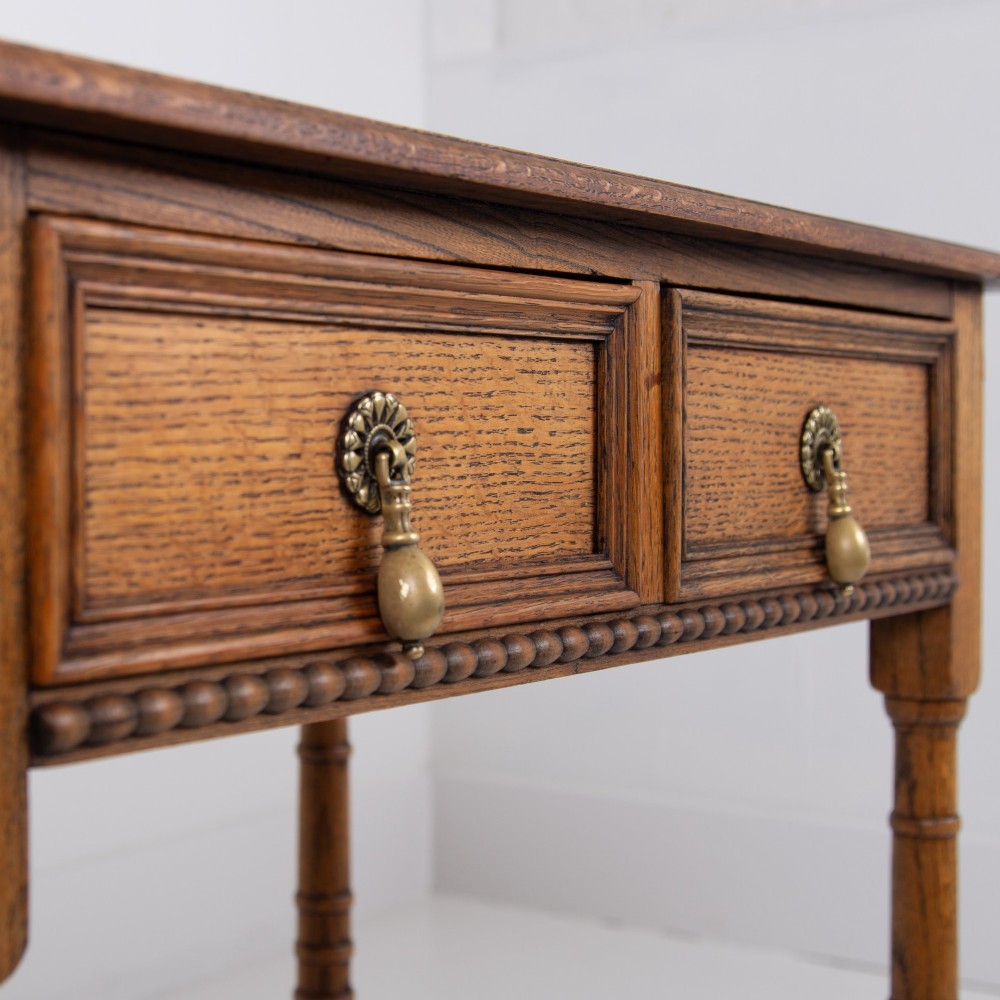 English Arts and Crafts Oak 2 Drawer Side Table C1920 View IV