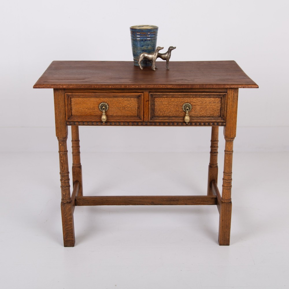 English Arts and Crafts Oak 2 Drawer Side Table C1920 View VI