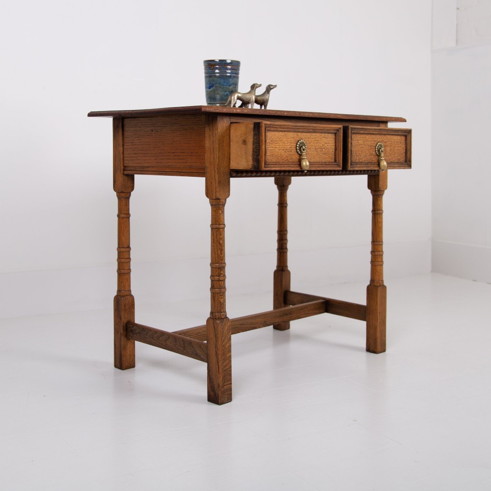 English Arts and Crafts Oak 2 Drawer Side Table C1920 View VII