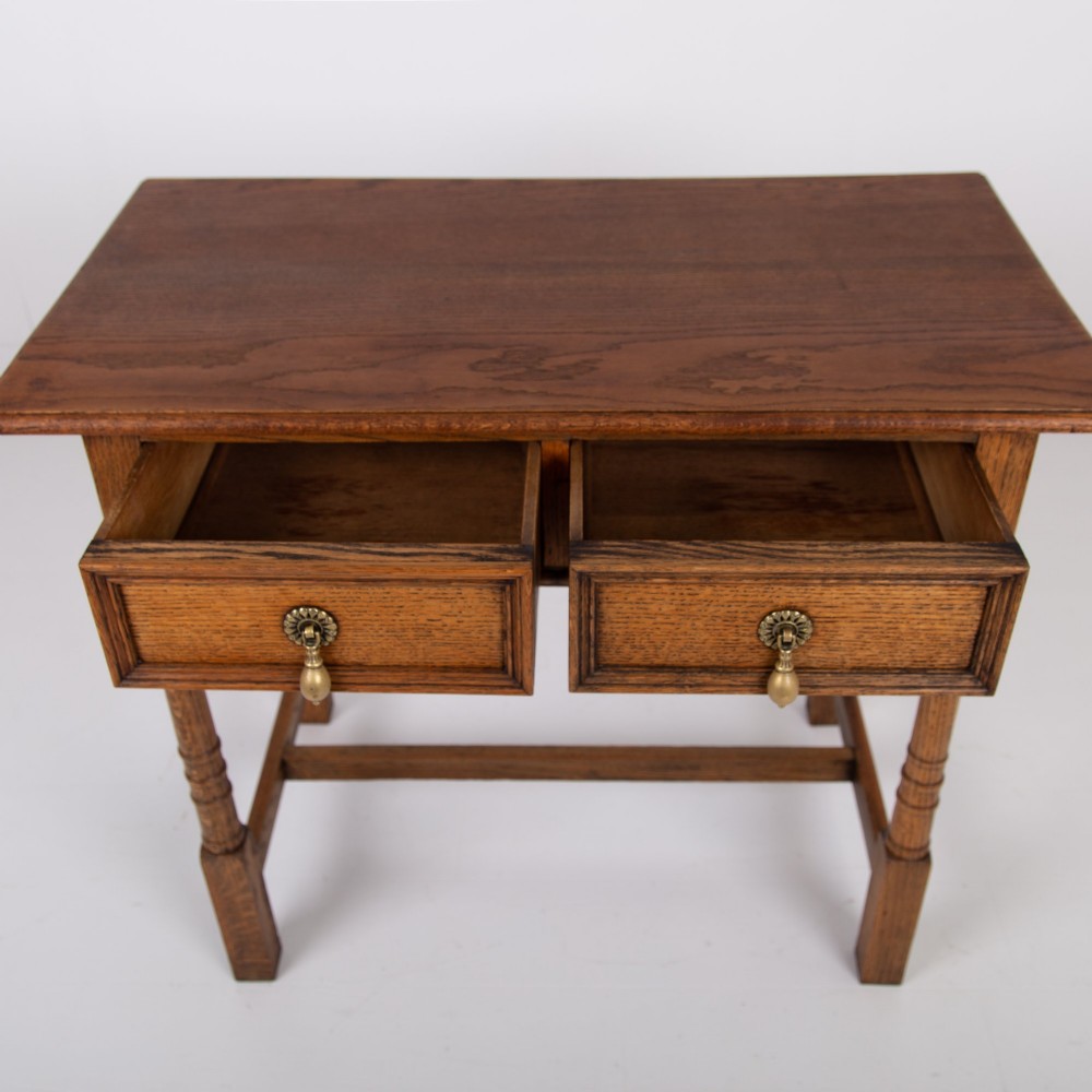 English Arts and Crafts Oak 2 Drawer Side Table C1920 View VIII