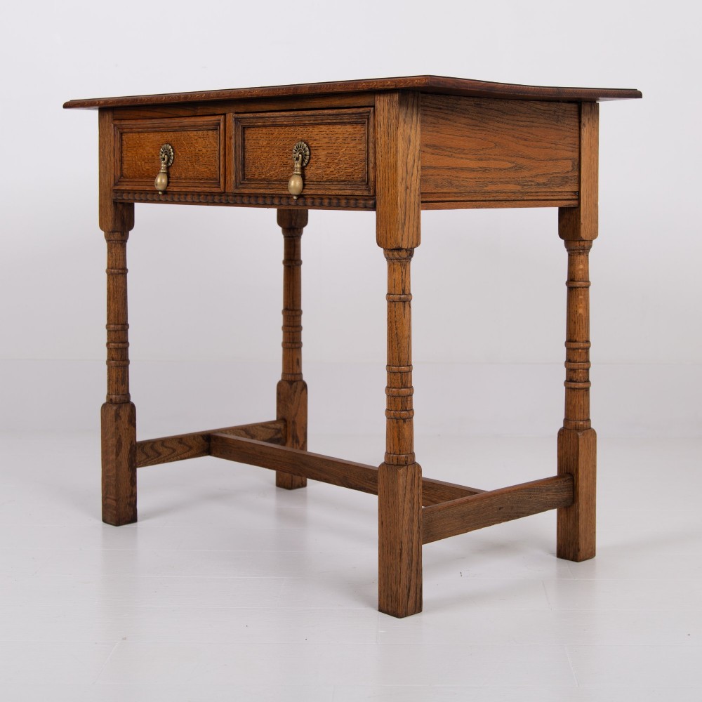 English Arts and Crafts Oak 2 Drawer Side Table C1920 View X