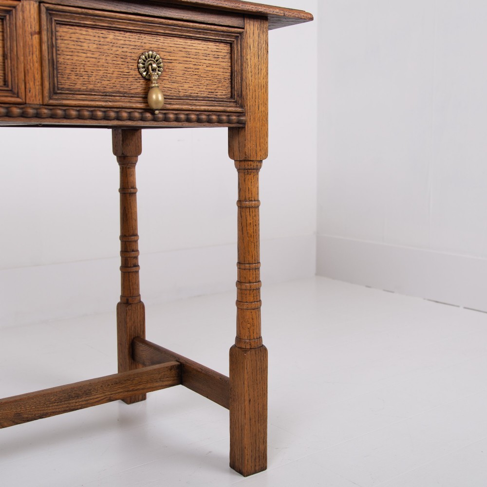 English Arts and Crafts Oak 2 Drawer Side Table C1920 View XI