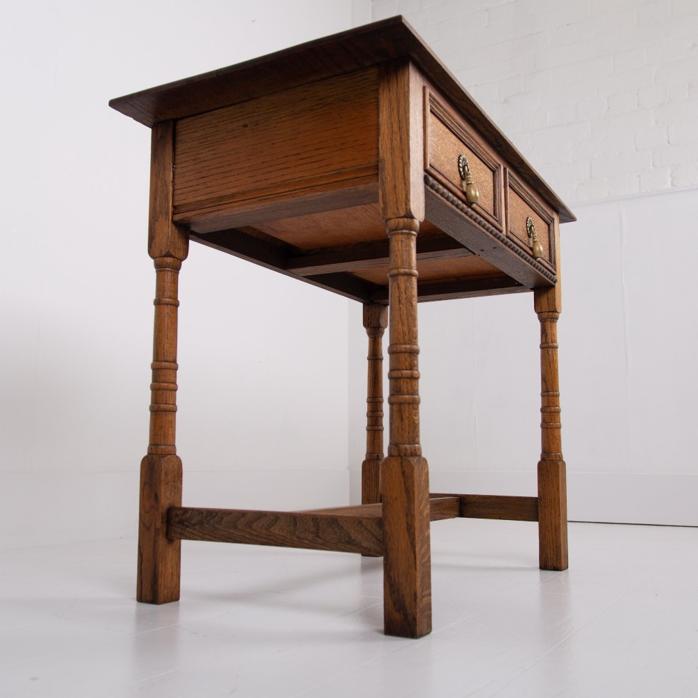 English Arts and Crafts Oak 2 Drawer Side Table C1920 View XIII