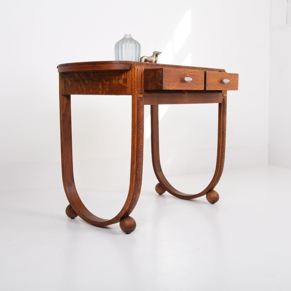 Rare Oak Art Deco 2 Drawer Desk Console C1930 View IV