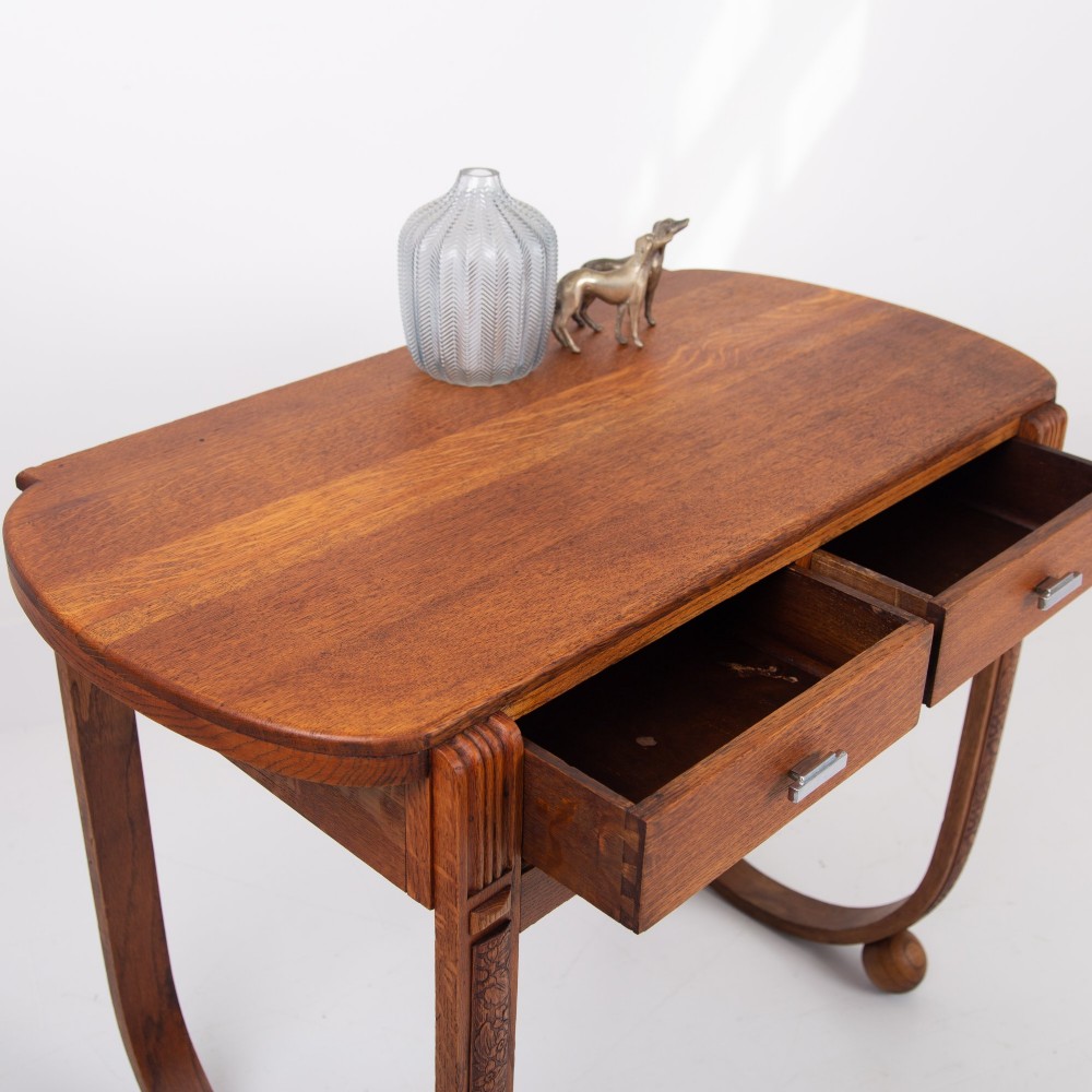 Rare Oak Art Deco 2 Drawer Desk Console C1930 View V
