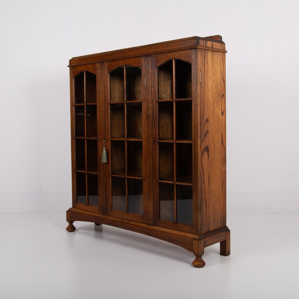 Antique English Oak Glazed Bookcase Cabinet C1920