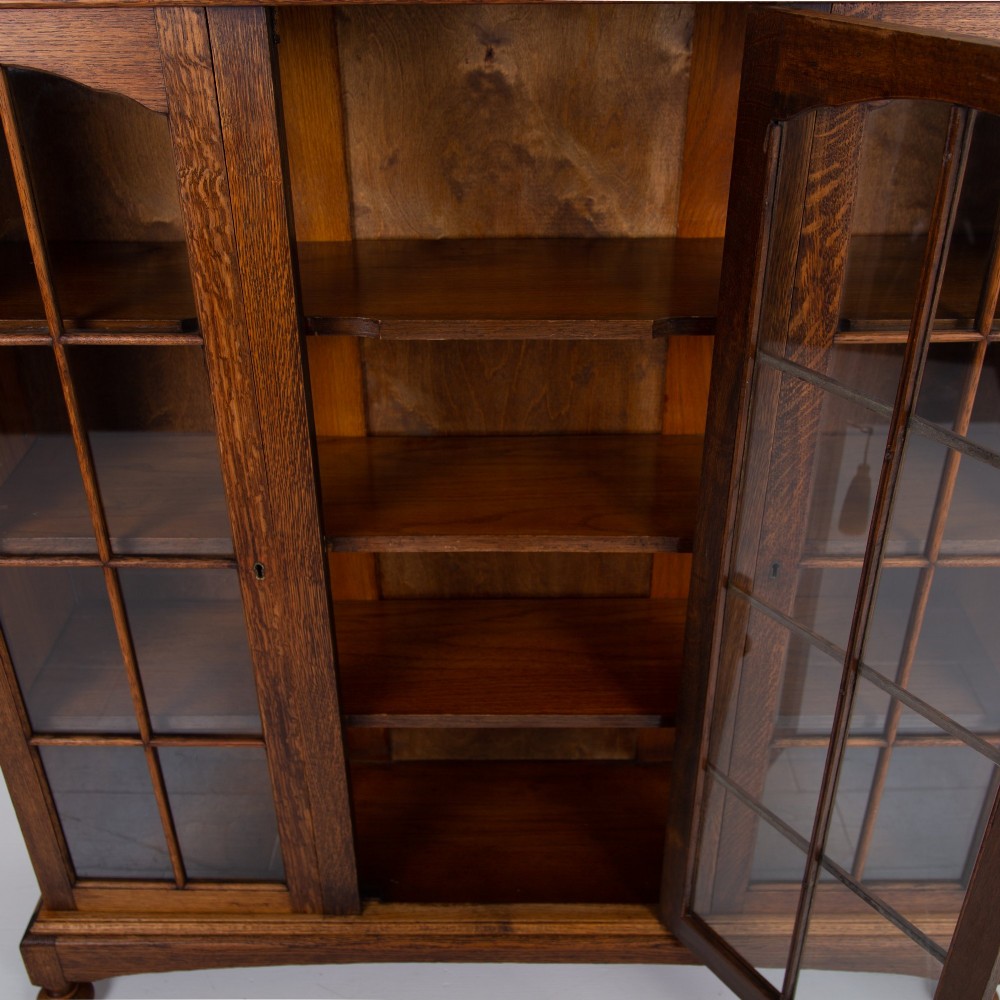 Antique English Oak Glazed Bookcase Cabinet C1920 View VI
