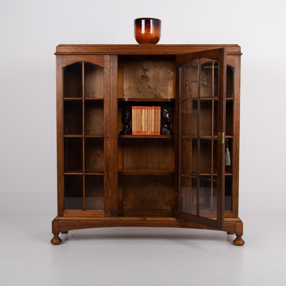 Antique English Oak Glazed Bookcase Cabinet C1920 View VII