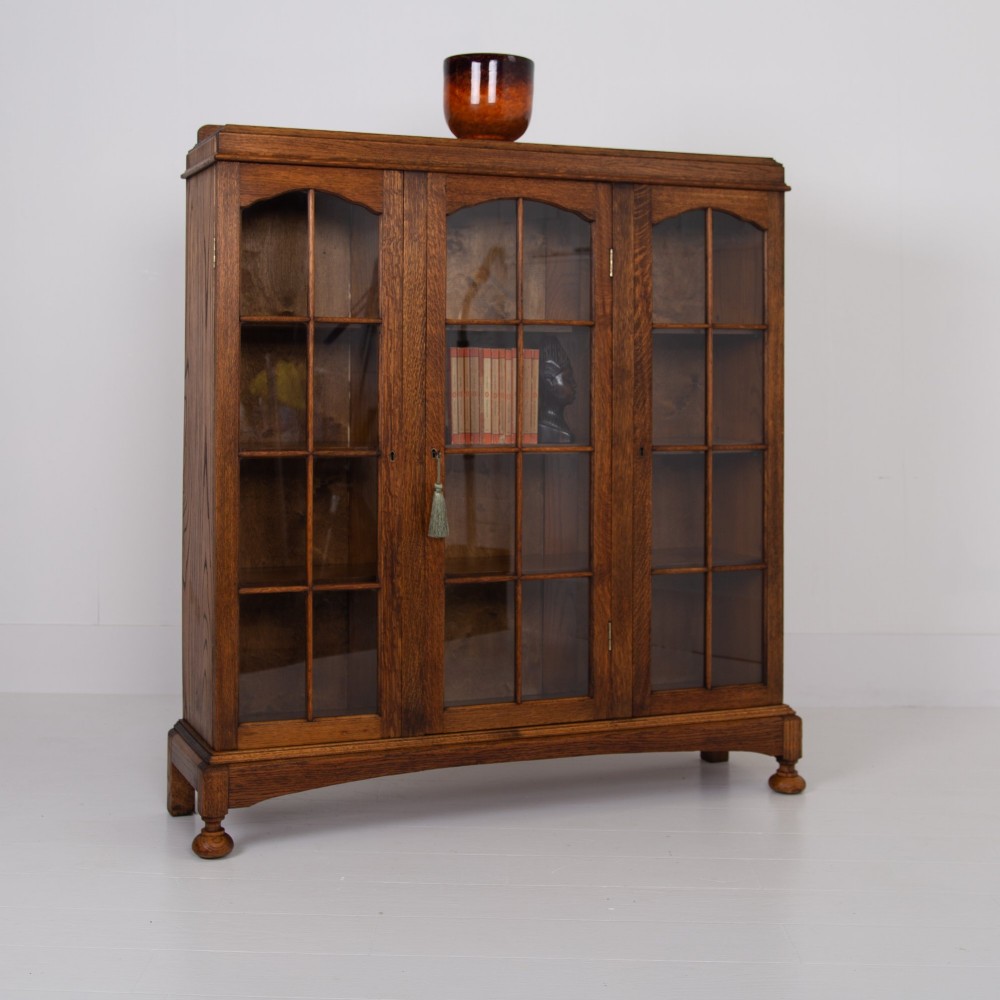 Antique English Oak Glazed Bookcase Cabinet C1920 View XIV