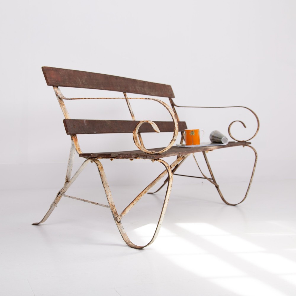 Edwardian Wrought Iron and Slatted Wood Garden Seat