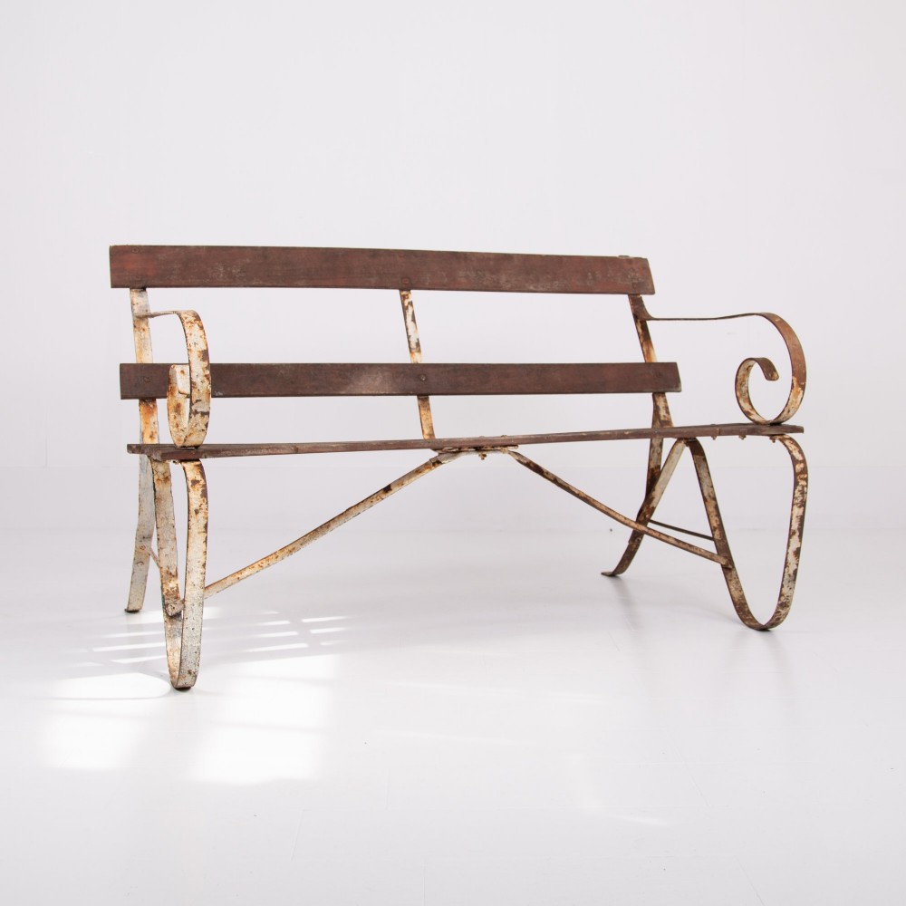 Edwardian Wrought Iron and Slatted Wood Garden Seat View VI