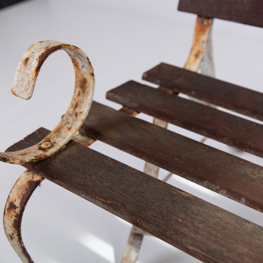 Edwardian Wrought Iron and Slatted Wood Garden Seat View XI
